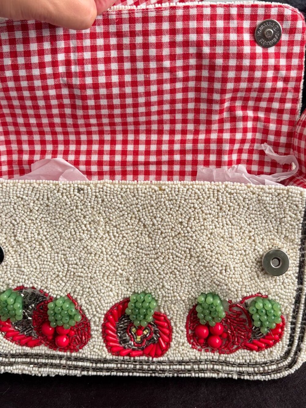 NWT Viral Beaded Gingham Tomato Pomegranate Bag Handmade in India - Picture 6 of 6